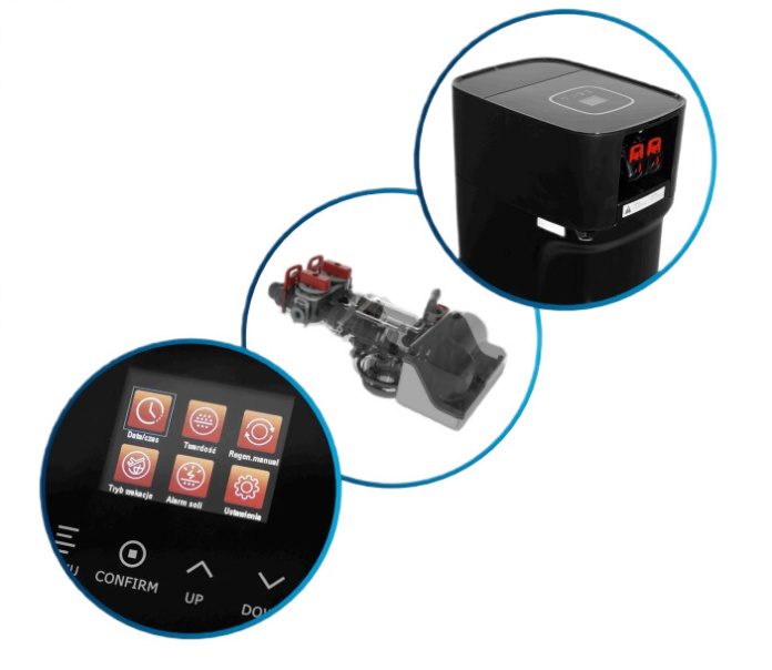 Trzy widoki stacji CS Quadro Carbon 30 l: panel dotykowy LCD z ikonami funkcji, przekrojowy moduł zaworu sterującego oraz górna część obudowy z przyłączami szybkiego montażu